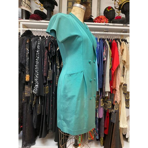 vintage 1980s Ted Lapidus emerald green faille double breasted dress med 80s 31 - Picture 4 of 12